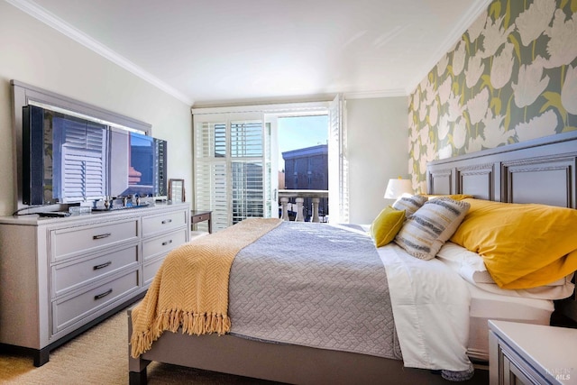 bedroom with light carpet and crown molding