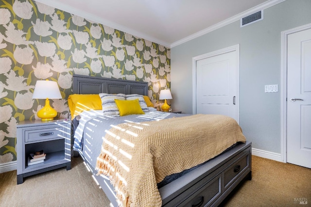 bedroom featuring carpet flooring and crown molding