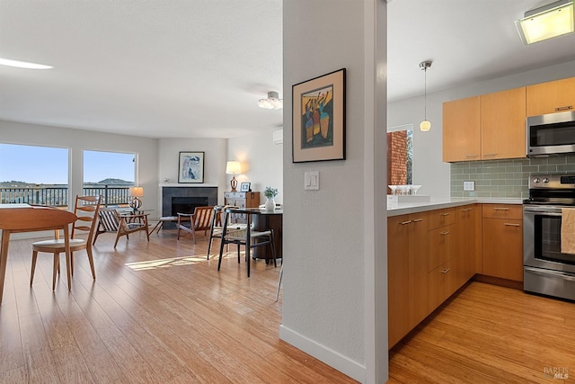 kitchen featuring light hardwood / wood-style floors, stainless steel appliances, tasteful backsplash, and hanging light fixtures