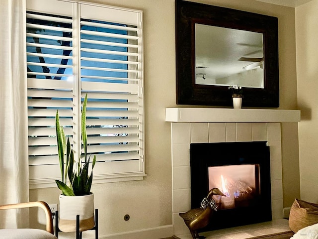 interior details featuring a fireplace