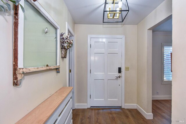 entryway featuring an inviting chandelier and dark hardwood / wood-style floors