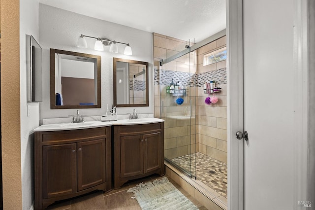 bathroom with vanity and a shower with shower door