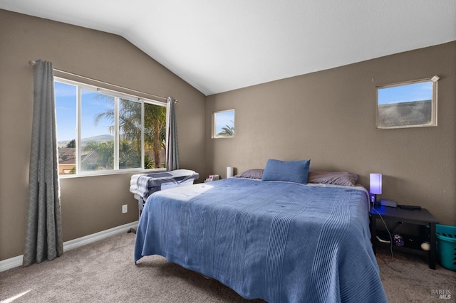 bedroom featuring lofted ceiling and carpet