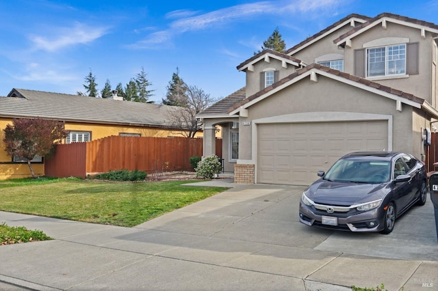 view of front of property with a garage and a front lawn