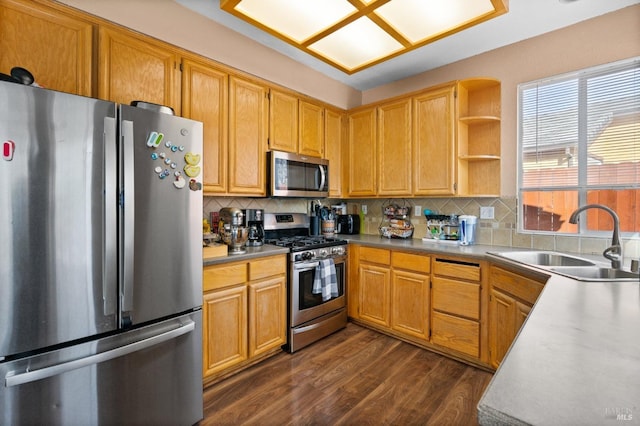 kitchen with sink, decorative backsplash, stainless steel appliances, and dark hardwood / wood-style floors