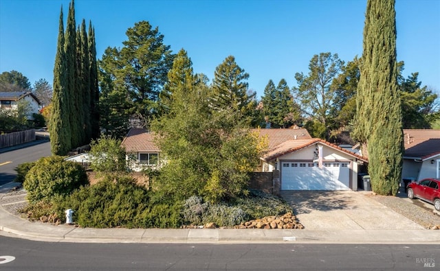 view of property hidden behind natural elements featuring a garage, driveway, and a tiled roof