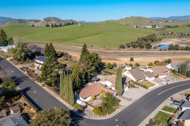 birds eye view of property with a water and mountain view and a residential view