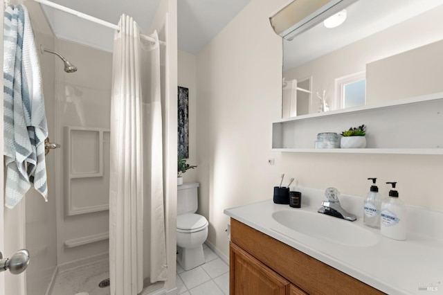 bathroom featuring a shower with curtain, toilet, tile patterned floors, and vanity