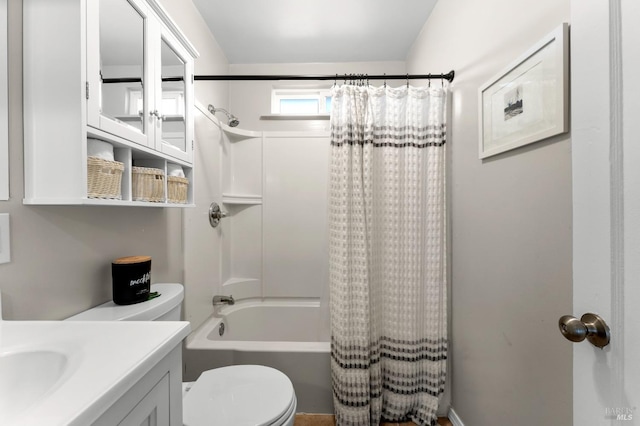 full bathroom featuring toilet, shower / bathtub combination with curtain, and vanity