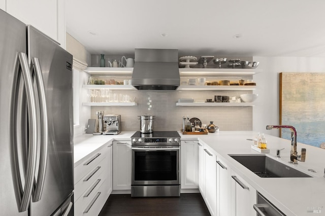 kitchen with island range hood, sink, white cabinets, decorative backsplash, and stainless steel appliances