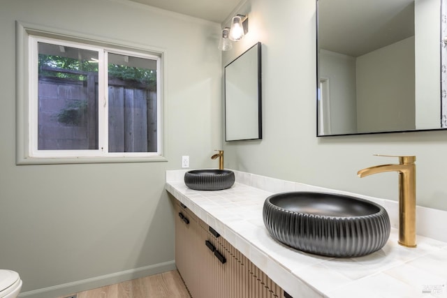 bathroom featuring toilet, wood-type flooring, and vanity