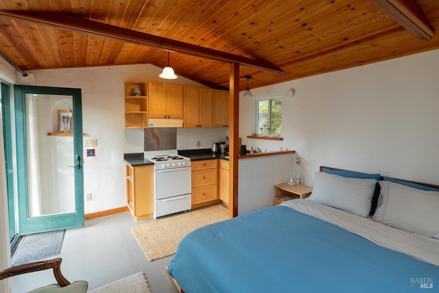 bedroom with vaulted ceiling with beams and wood ceiling