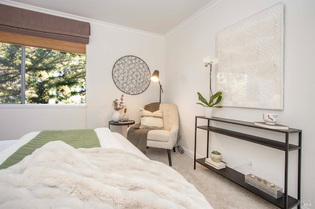 bedroom with crown molding and light colored carpet