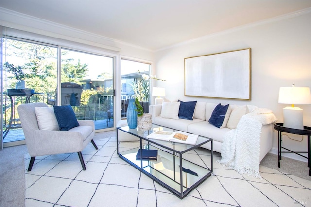 living room with carpet floors and ornamental molding