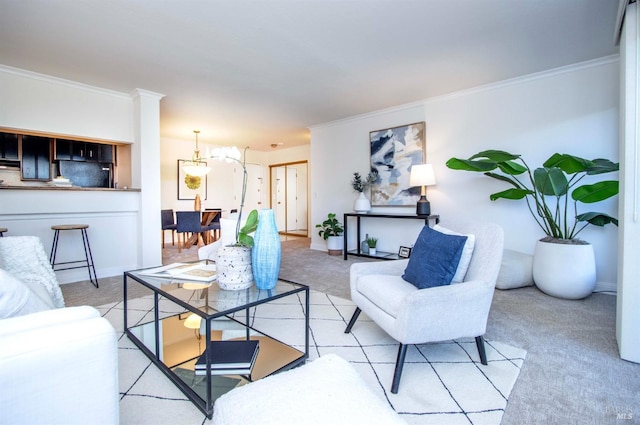 carpeted living room featuring crown molding