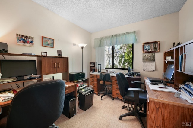 office featuring a textured ceiling, light carpet, and vaulted ceiling