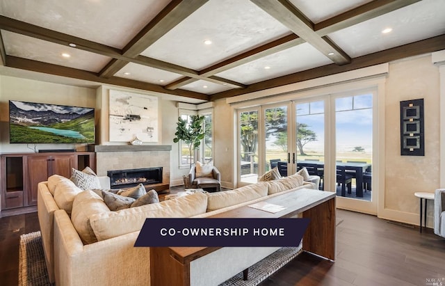 living room featuring dark hardwood / wood-style floors, coffered ceiling, and beamed ceiling