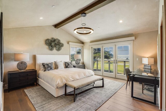 bedroom with hardwood / wood-style flooring, access to outside, french doors, and vaulted ceiling with beams