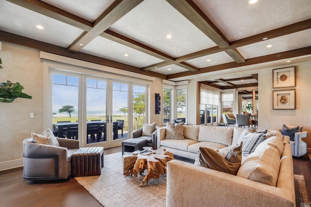 living room with french doors, dark hardwood / wood-style flooring, coffered ceiling, and beamed ceiling