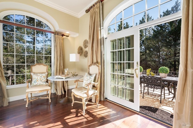 interior space featuring baseboards, wood finished floors, a wealth of natural light, and crown molding