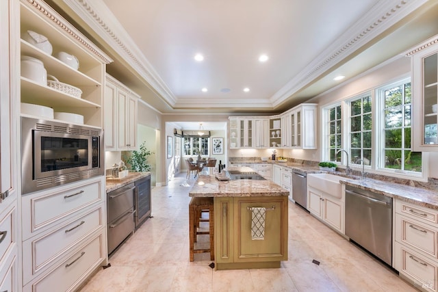 kitchen featuring a center island, open shelves, stainless steel appliances, a raised ceiling, and a sink