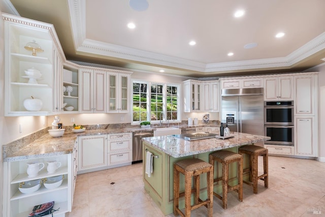 kitchen with stainless steel appliances, a kitchen island, a sink, open shelves, and a raised ceiling