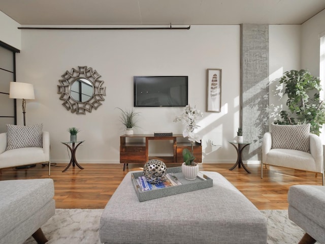 living room with baseboards and wood finished floors