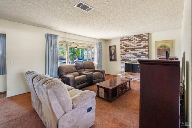 living room with a textured ceiling and light carpet