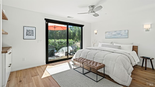 bedroom with light wood-type flooring, access to exterior, baseboards, and visible vents