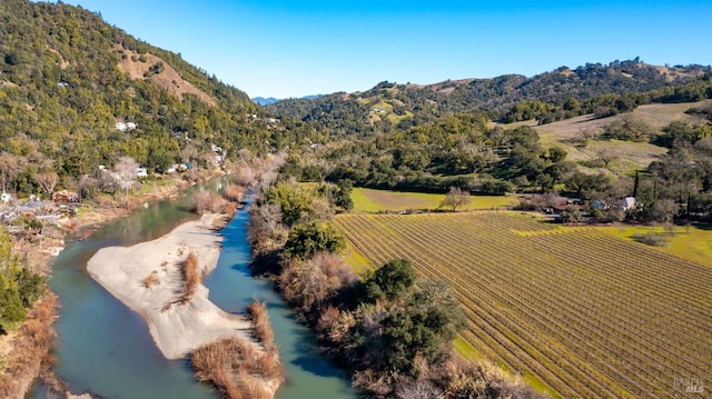 drone / aerial view with a water and mountain view