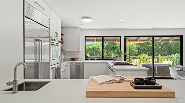 kitchen featuring light countertops, appliances with stainless steel finishes, a sink, and white cabinetry