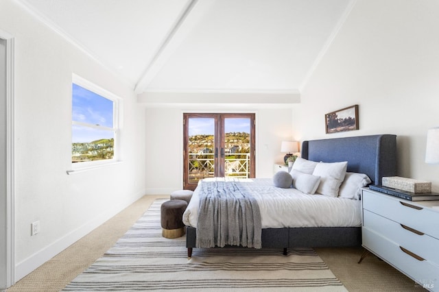 bedroom featuring multiple windows, high vaulted ceiling, light colored carpet, and french doors