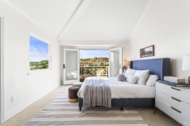 bedroom featuring access to outside, multiple windows, crown molding, and lofted ceiling