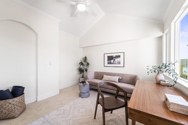 living room with baseboards, vaulted ceiling, crown molding, and light colored carpet