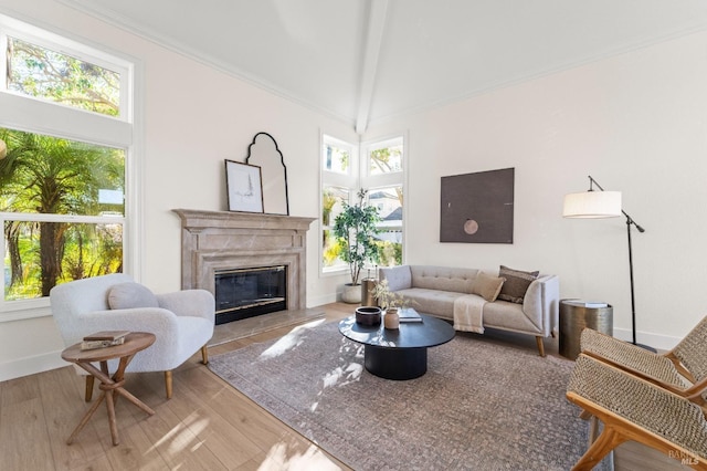 living room with light wood finished floors, a premium fireplace, ornamental molding, high vaulted ceiling, and baseboards