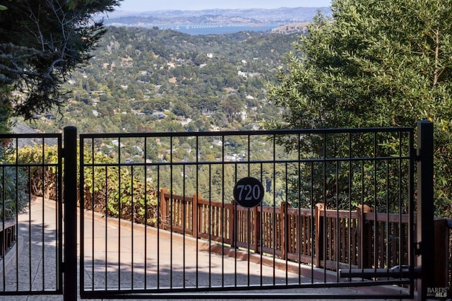 view of gate featuring a mountain view