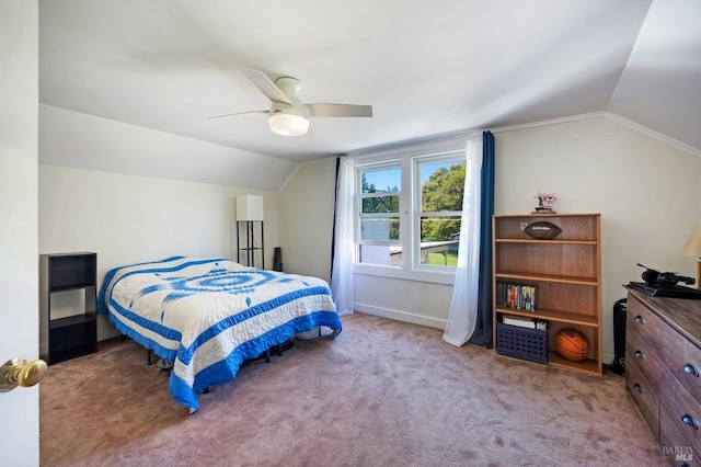 bedroom with ceiling fan, light carpet, and lofted ceiling