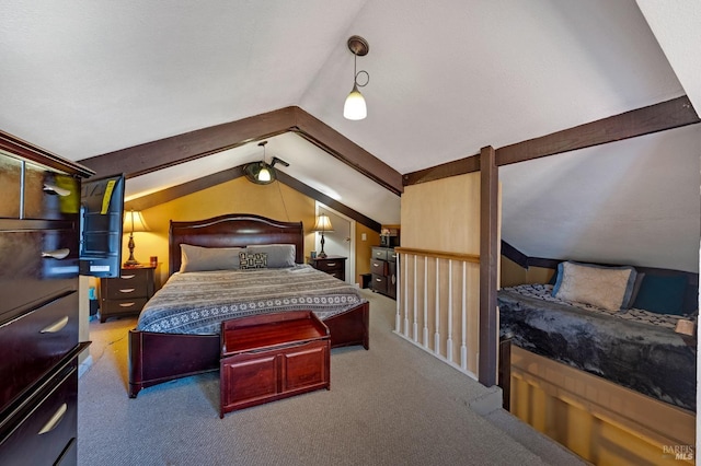 bedroom featuring carpet and lofted ceiling with beams