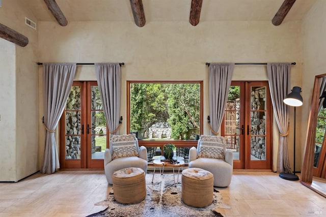 35 Forest Ln, Napa, CA 94558 - sitting room featuring visible vents, french doors, a towering ceiling, and beamed ceiling