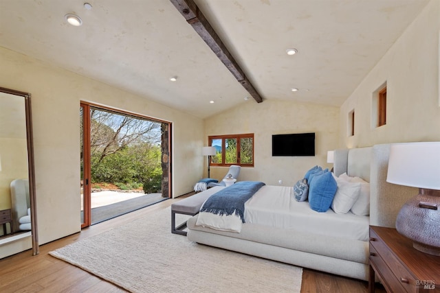 35 Forest Ln, Napa, CA 94558 - bedroom featuring access to outside, wood finished floors, vaulted ceiling with beams, and recessed lighting