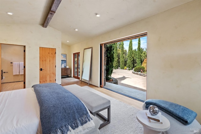 35 Forest Ln, Napa, CA 94558 - bedroom with recessed lighting, access to exterior, vaulted ceiling with beams, and light wood-type flooring