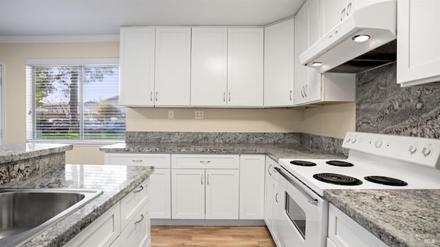 kitchen with decorative backsplash, white electric range oven, light stone countertops, crown molding, and white cabinets