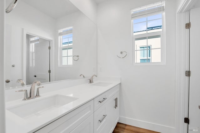 bathroom with vanity and hardwood / wood-style flooring