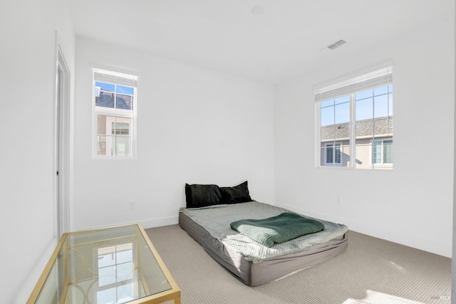 carpeted bedroom featuring multiple windows