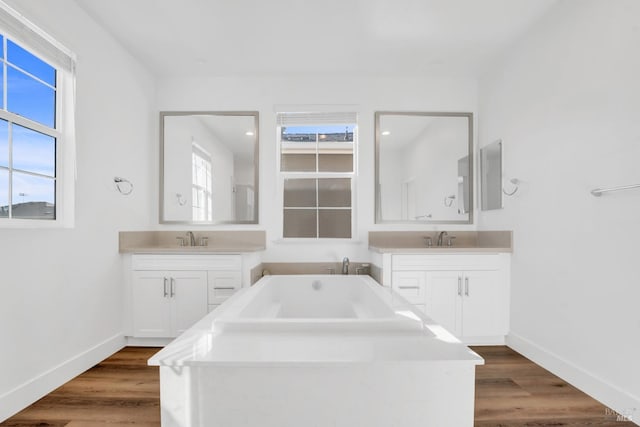 bathroom with vanity, plenty of natural light, a bathing tub, and hardwood / wood-style flooring