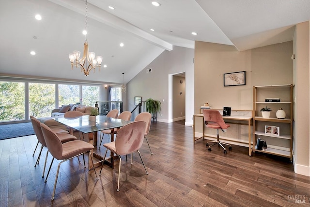 dining space with an inviting chandelier, beam ceiling, dark wood-type flooring, and high vaulted ceiling