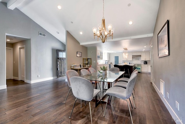 dining room with dark wood-type flooring, high vaulted ceiling, a notable chandelier, beamed ceiling, and a healthy amount of sunlight