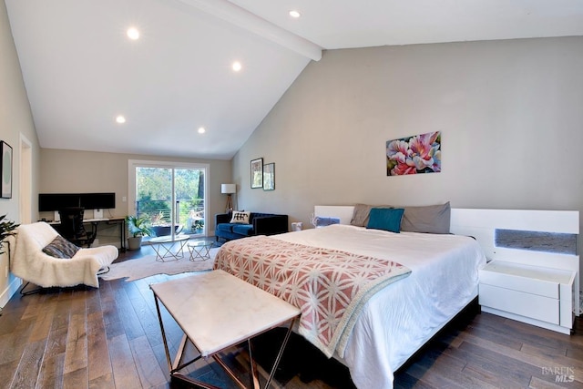 bedroom with beamed ceiling, high vaulted ceiling, access to outside, and dark hardwood / wood-style flooring