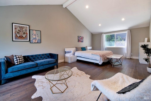 bedroom with dark hardwood / wood-style floors, high vaulted ceiling, and beam ceiling