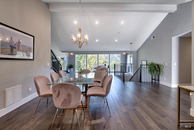 dining area featuring beamed ceiling, high vaulted ceiling, dark wood-type flooring, and an inviting chandelier